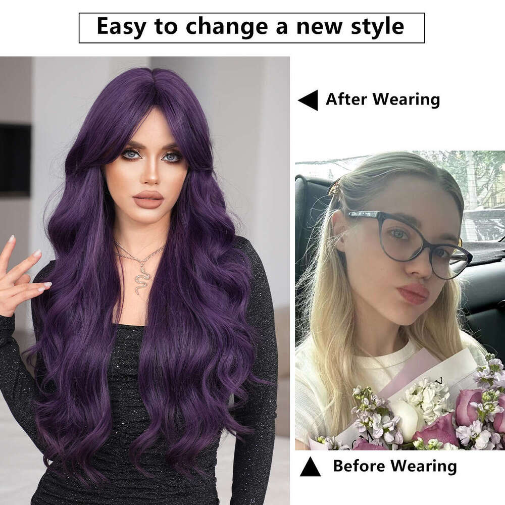 For Women Long Curly Hair Natural Fluffy Deep Purple Wig Full Head Set