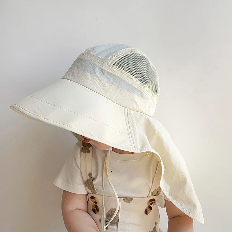 Solid Color Summer Sun Hat for Boy Girl Korean Big Brim Fisherman Cap s Quick Dry Mesh Anti UV Beach Cap with Neck Cover 250526