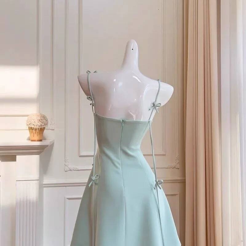 Sweet Hot Girl Pure Sexy Bow Strap For Women's Summer Square Collar Slim Fit A-Line Short Dress Fashion Female Clothes