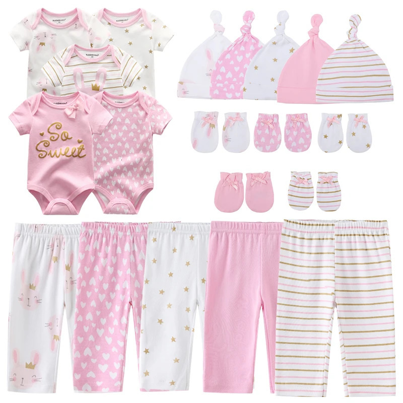 81920PCS Cotton born Baby Girl Clothes Cartoon BodysuitsPantsHatsGloves Sets Print Boy Solid Color Bebes 250528