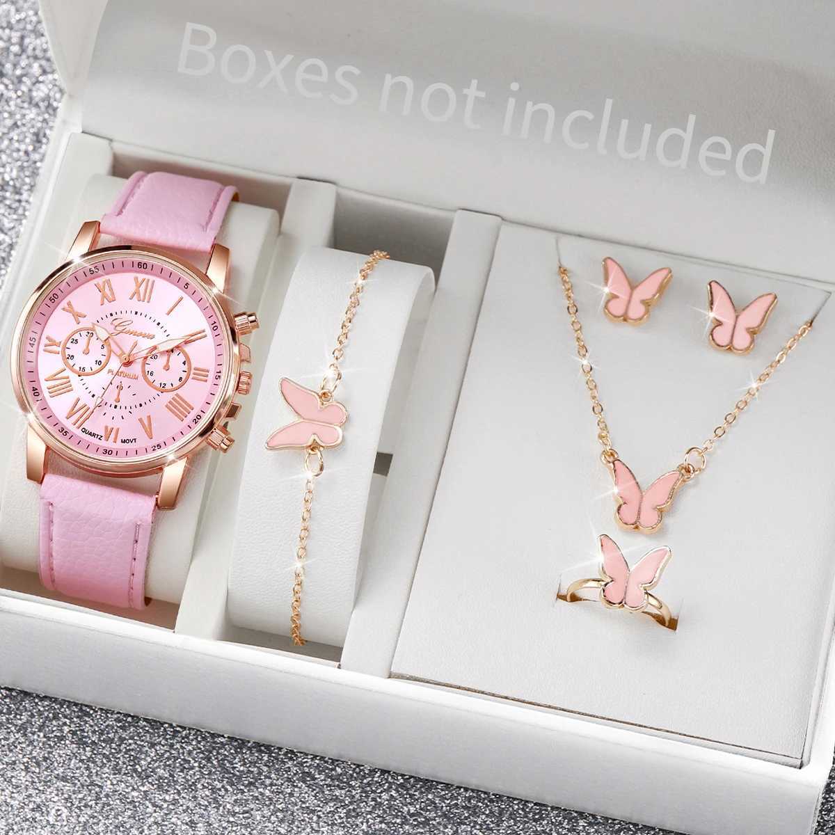 5/6PCS Fashion Womens Quartz Watch Leather Band Analog Wrist Watches Heart Rhinestone Jewelry Set(Without Box) XJ250527