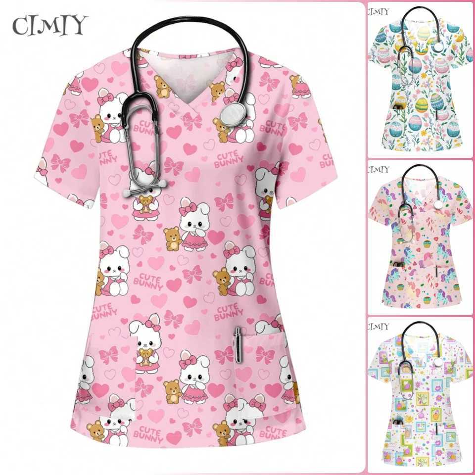 Uniform Nurse Cat Print Scrub Tops Pet Shop Medical Uniforms Nurse V-Neck Shirt Nursing Accessories Doctor Scrubs Clothes 2025 X250528