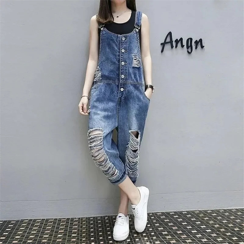 Loose Hole Denim Overalls Women Retro Jeans Suspenders Ankle-Length Pants Hollow Out Streetwear Students Jeans Spring Autumn 250523