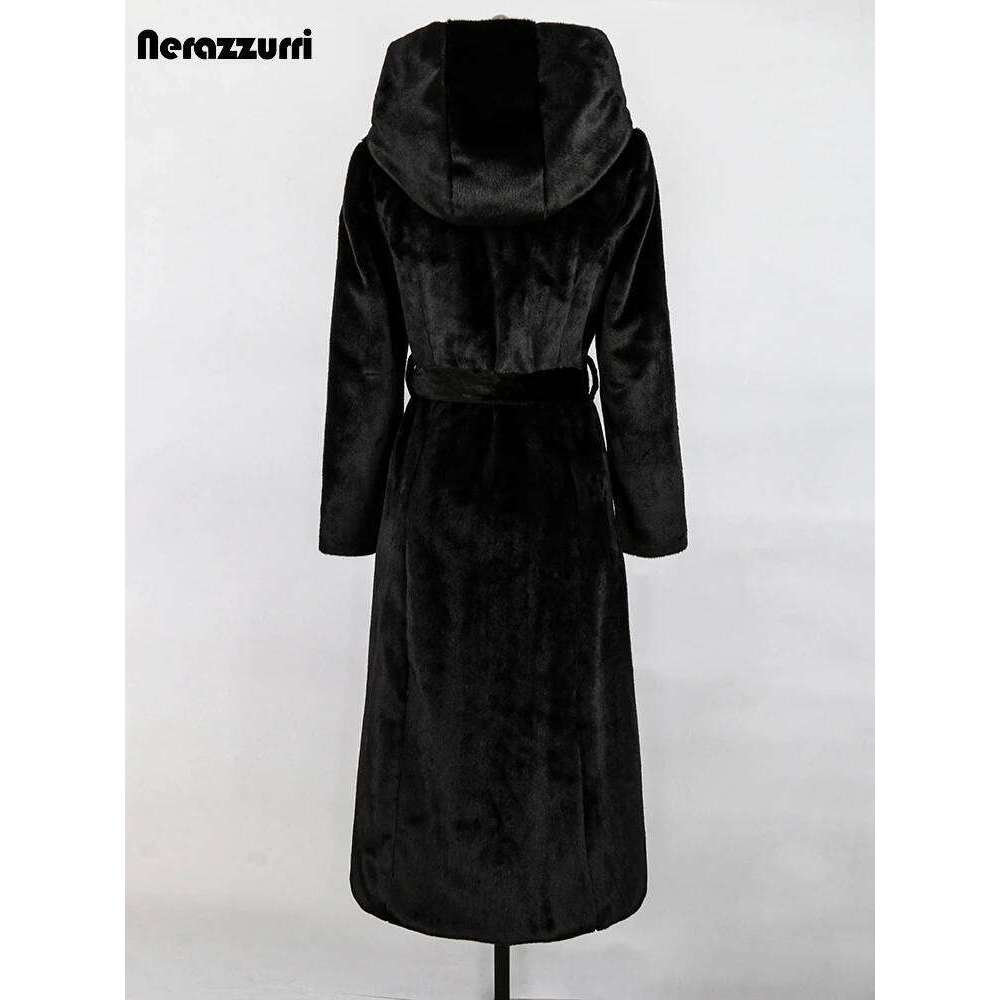Nerazzurri Winter Long Soft Warm Fluffy Faux Mink Fur Coat Women with Hood Single Breasted Elegant Overcoat 2022
