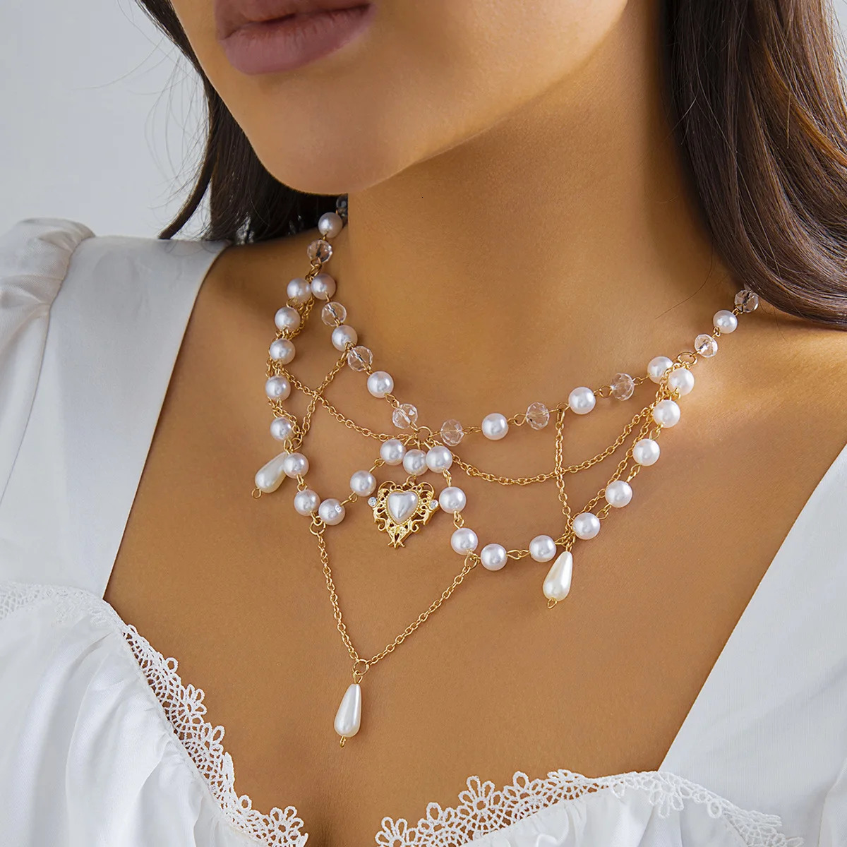 Womens Necklace Lolita White Lace Necklace Pearl Tassel Rhinestone Necklace Collar Sweet Cool Fashion Necklaces Girls Gift 250522