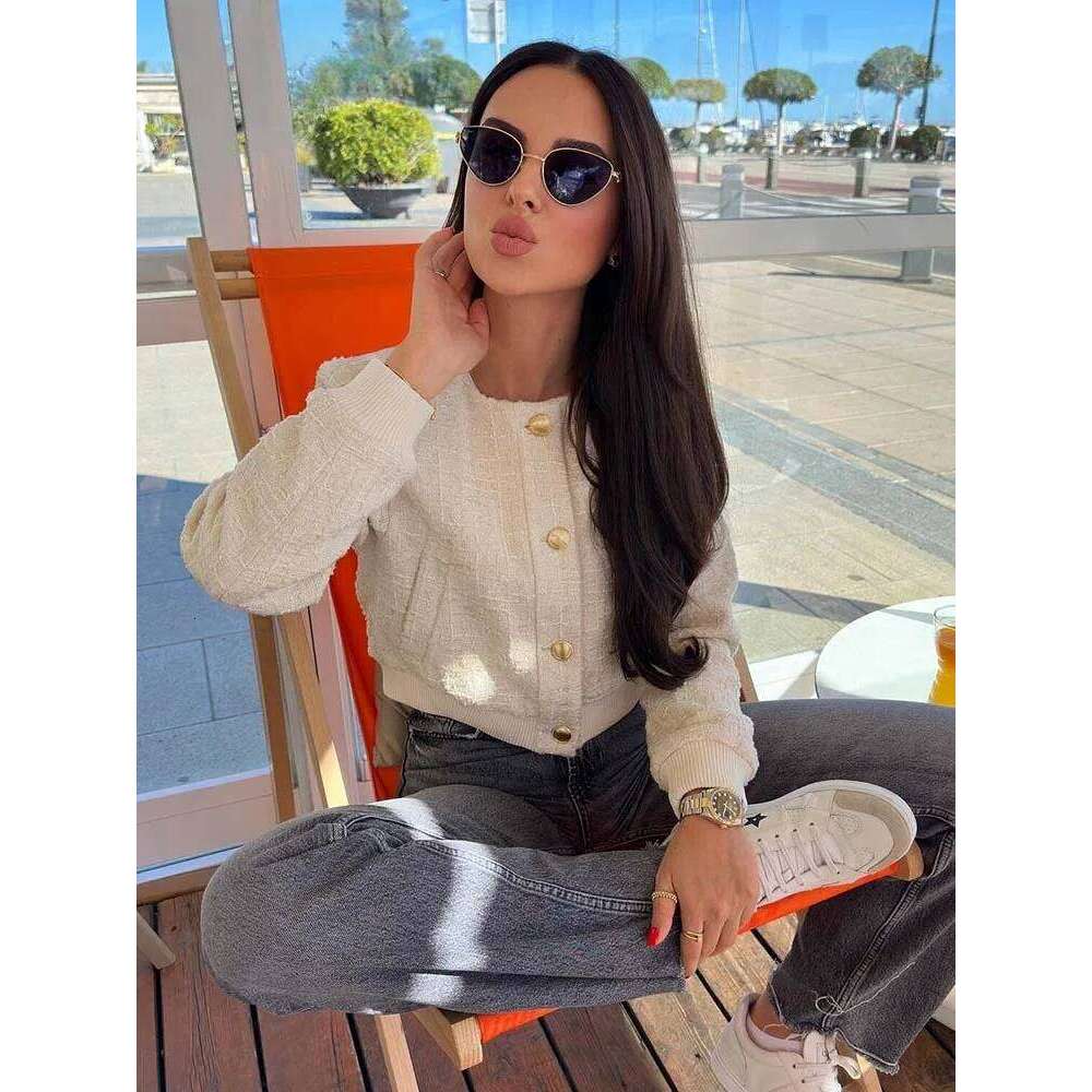 ZBZA Woman Textured Pilot Jacket Long Sleeve Crew Neck Single Breasted Pocket Short Outerwear Fall Winter Female Chic Coat