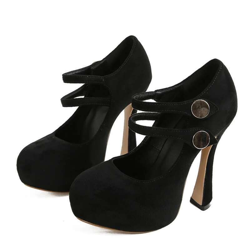 Liyke Fashion Chic Double Buckle Strap Women Platform Pumps Sexy Black Round Toe 13CM Super High Heels Party Club Stripper Shoes