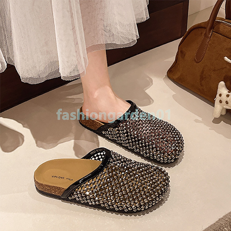 free shipping rhinestone glint sandals designer slides womens slippers black gold fashion luxury slip-on sliders clogs flat heels sandal summer casual