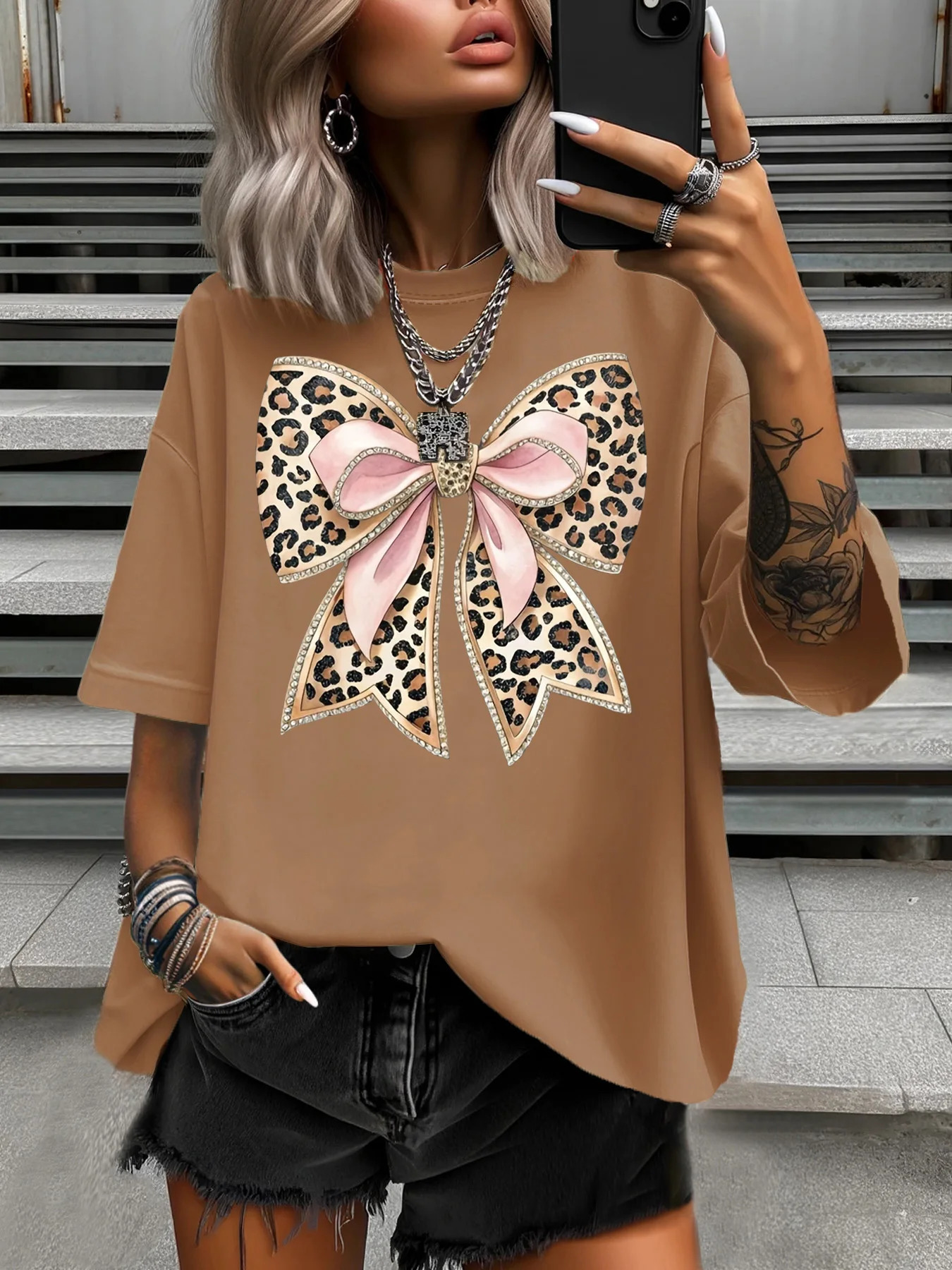 Womens Plus Size TShirt Original n Fashion Pink Bowknot Pattern Printed Casual Soft Round Neck Short Sleeved Tops 250519