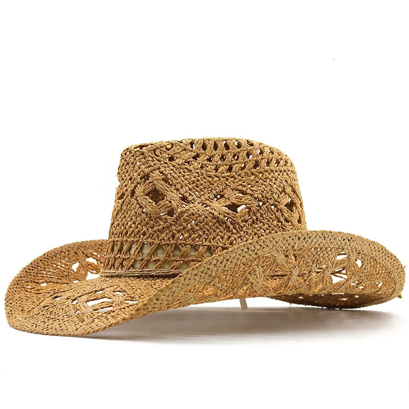 Spring/summer Hollow Cowboy Hat Hand-woven Natural Grass Breathable Cool American Jazz Top Hat with Warped Edge 250526