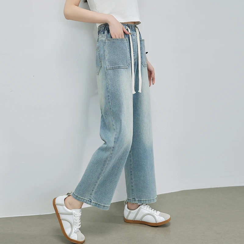 2025 Summer Denim Jean High Elastic Waist Drawstring Bleached Wide Leg Blue Pants Streetwear Trousers 250516Z