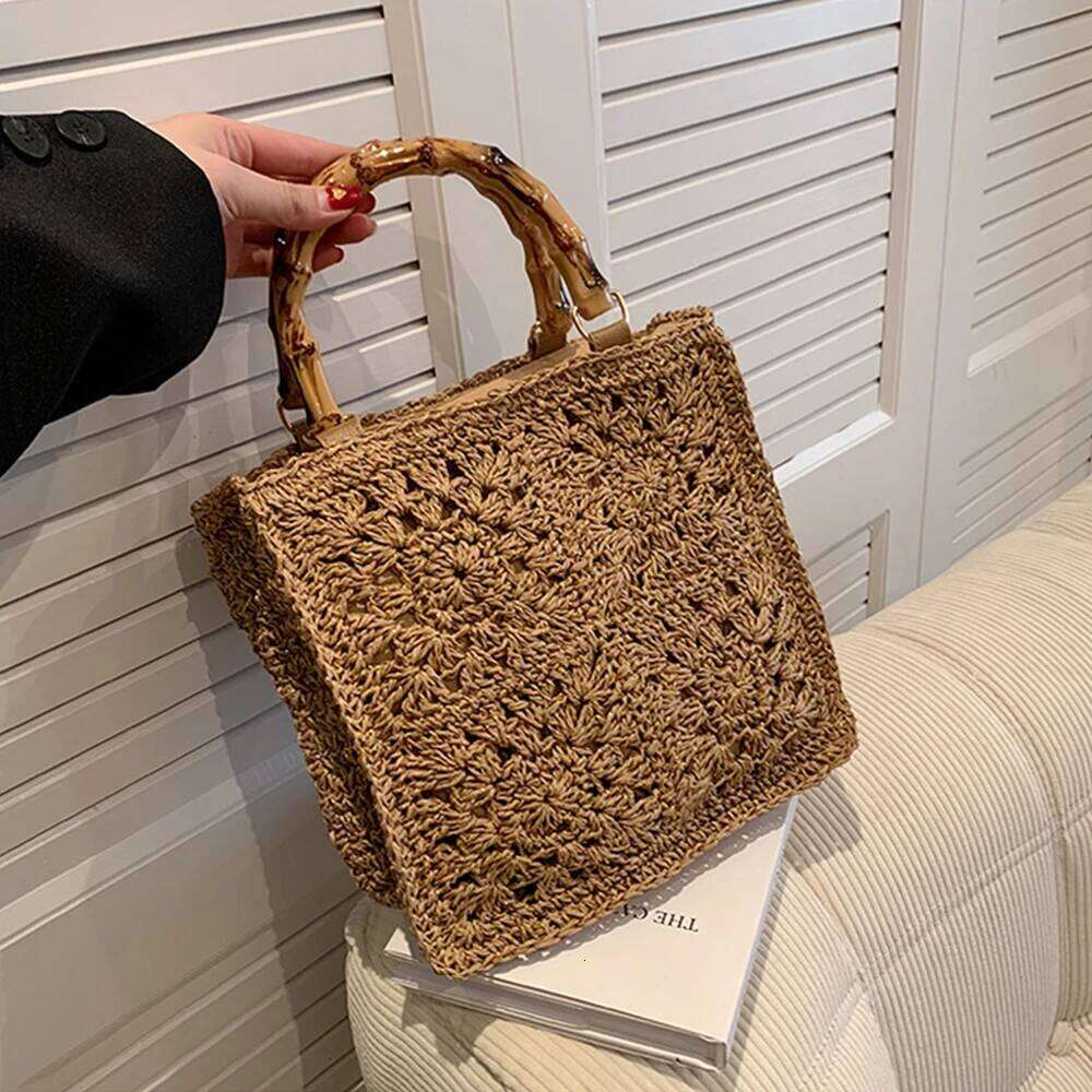 Hollow Crochet Beach Bags For Women Bamboo Handle Women's Handbags Paper Rope Knitting Clutch Bohemian Travel Tote Square Purse
