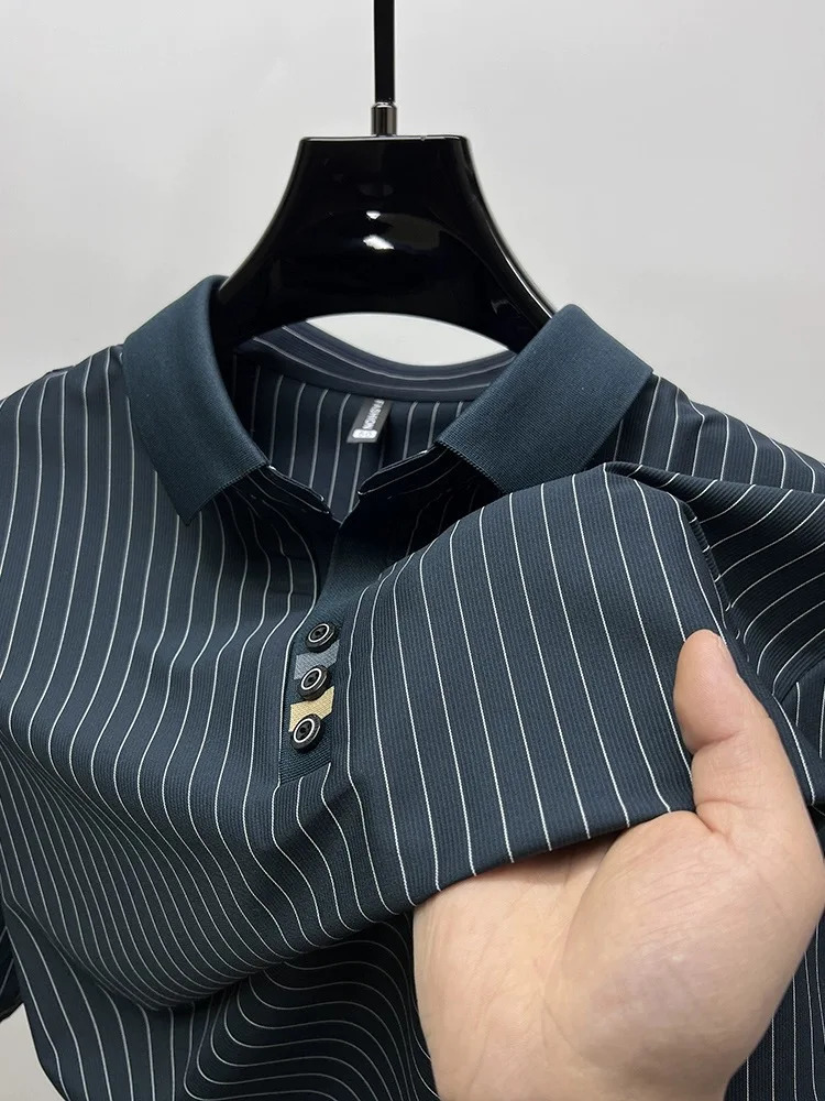 High end ice silk vertical stripe short sleeve POLO shirt men summer fashion business leisure T-shirt comfortable cool top 250526