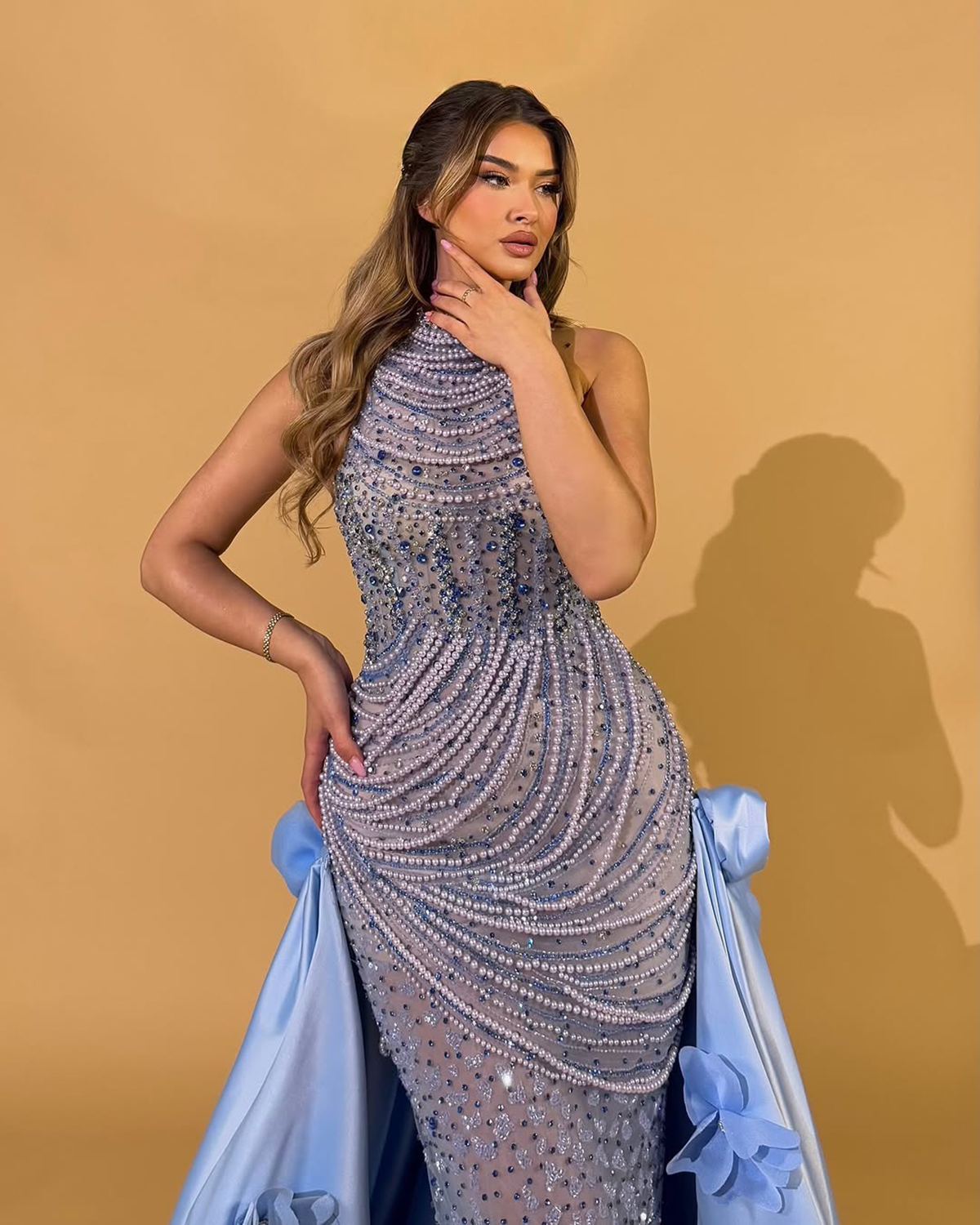 Modern Evening Dresses Pearls Rhinestone Prom Dress with Detachable Train Beading Illusion 3D Flowers Mermaid Party Gowns Vestidos De Noche