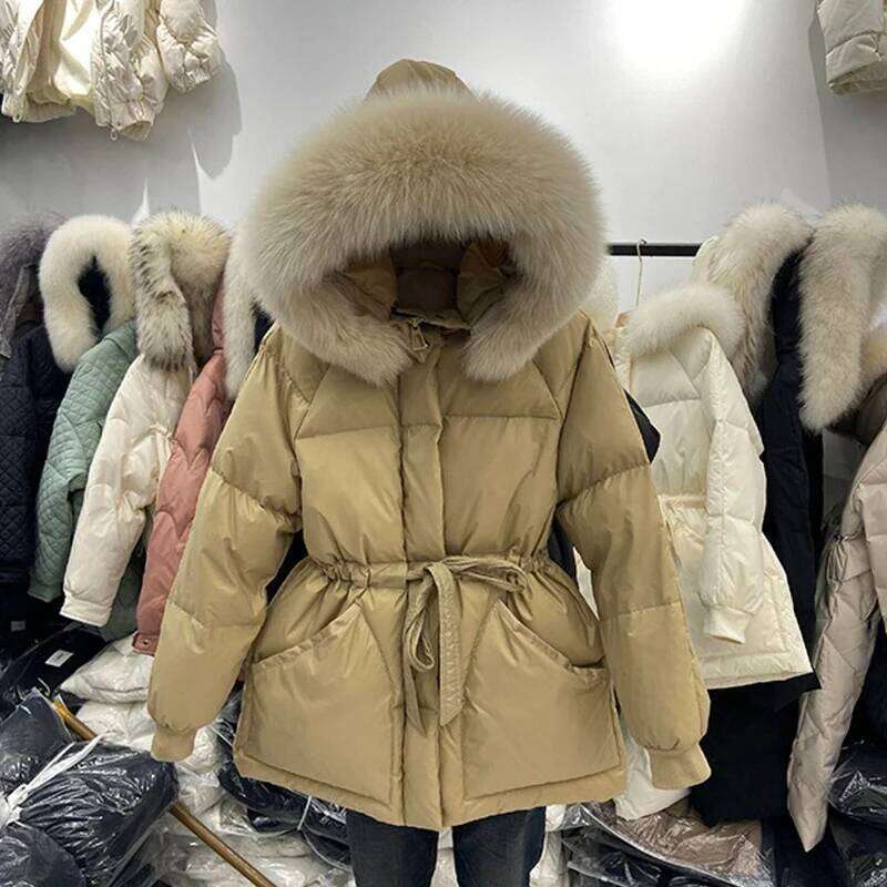 Winter Women's Down Jackets Ultra Light Warm Coat Female Jacket Woman With a Belt Hooded Parka Big Fur Collar Overcoat