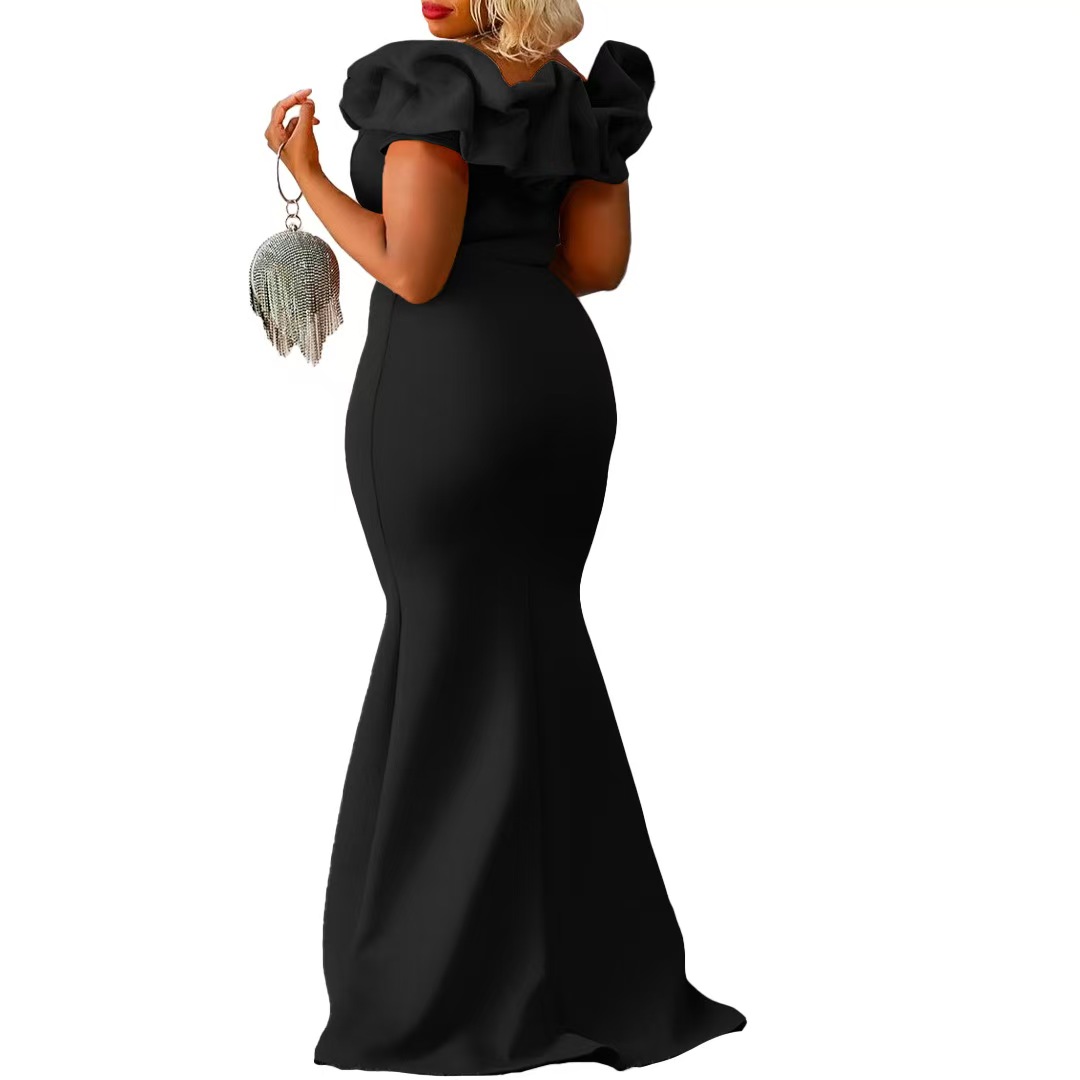 Plus size evening dresses 2025 new solid color long dresses fishtail dresses with ruffle trim slim fit skirts Designer Luxury Dresses