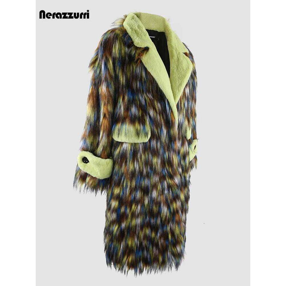 Nerazzurri Winter Long Thick Warm Colorful Hairy Shaggy Patchwork Faux Fox Fur Coat Women Fluffy Furry Overcoat 2023