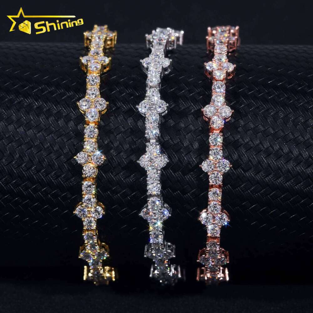 Stylish New Arrival Fashion Femme Design Sier VVS Moissanite Dia Iced Out Four Leaf Clover Cross Tennis Chain Bracelet