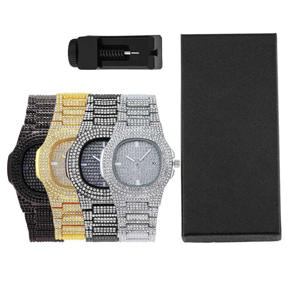 1pc Men Women Quartz Watch Iced Out Hip-hop Punk Full Diamonds Wrist Watch Bundled Size Adjuster Stylish Party Jewelry Gift Box XJ250527