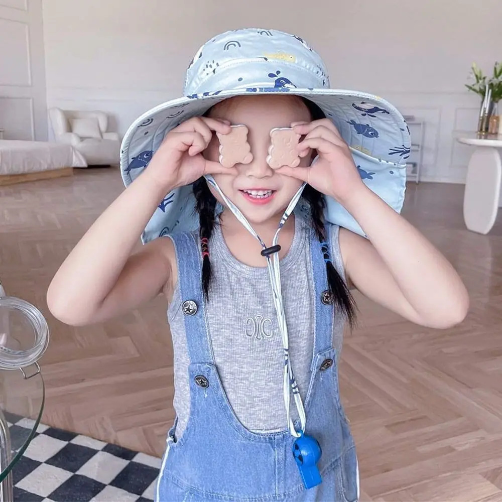 Summer Baby Sun Hat Bucket Cap With Whistle For Girls Boys Outdoor Neck Ear Cover Anti UV Kids Beach Caps 250528