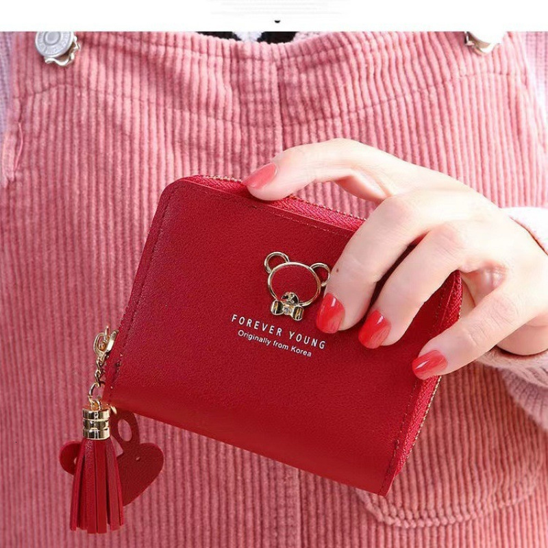Free Shipping Designer Wallet New Women's Wallet Short Cartoon Cute Bear Tassel Student Coin Purse Zipper Bag