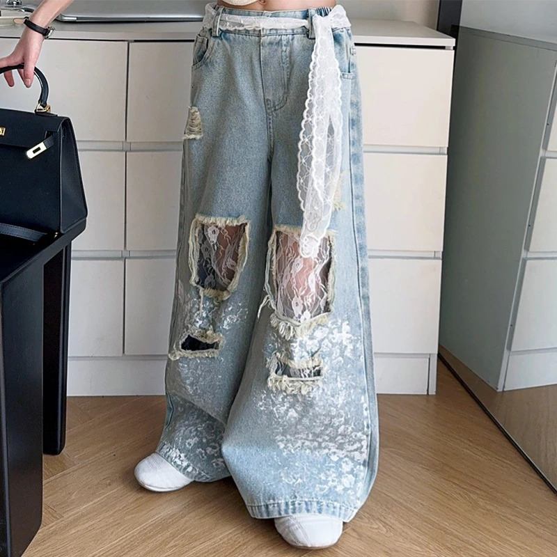 Kids Stylish Streetwear y2k Jeans For Girl Lace Drawstring Denim Pants Child Fashion Hip Hop Ripped Trousers with Holes 250528