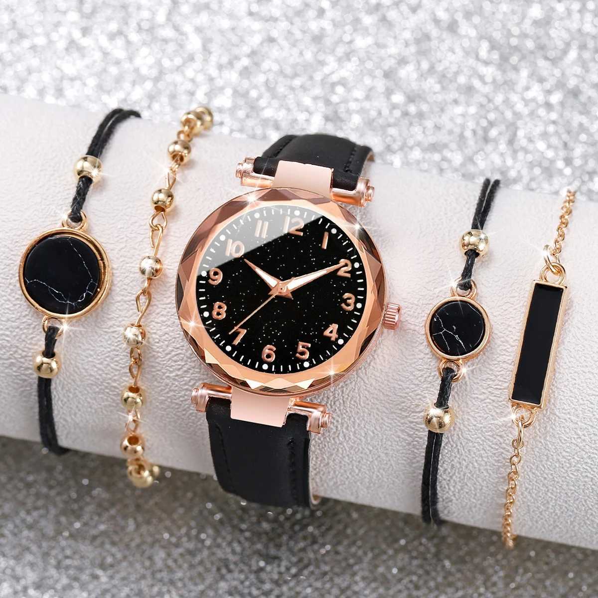 5PCS/Set Women Watches Bracelets Set Fashion Starry Sky Dial Leather Band Quartz Watch XJ250527