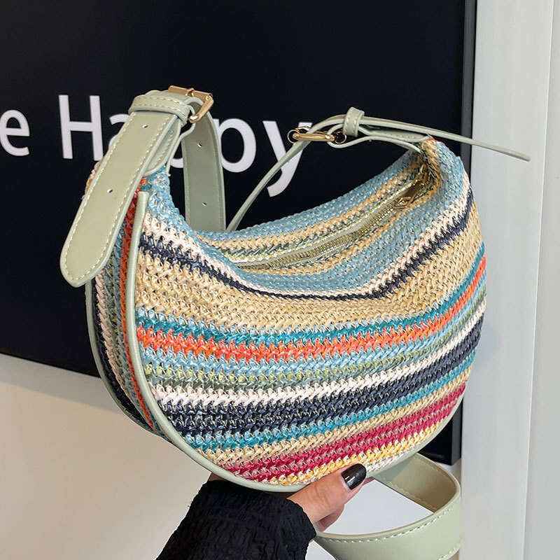 New Fashion Rainbow Straw Tote For Women Casual Versatile Chic Pastoral Style Shoulder Crossbody Bag