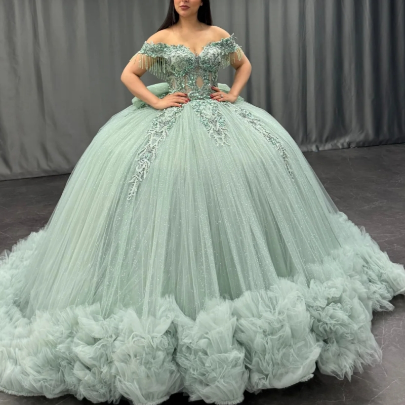 Mint Green Shiny Quinceanera Dresses Ball Gown Off The Shoulder Applique Lace Beading Crystal Bow Tiered Tull Party Birthday Sweet 16 Dress Vestidos 1