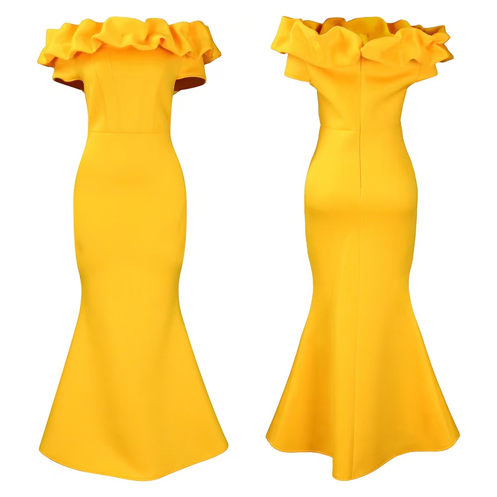 2025 new solid color long dresses fishtail dresses with ruffle trim slim fit skirts Elegant Evening Gowns for Women