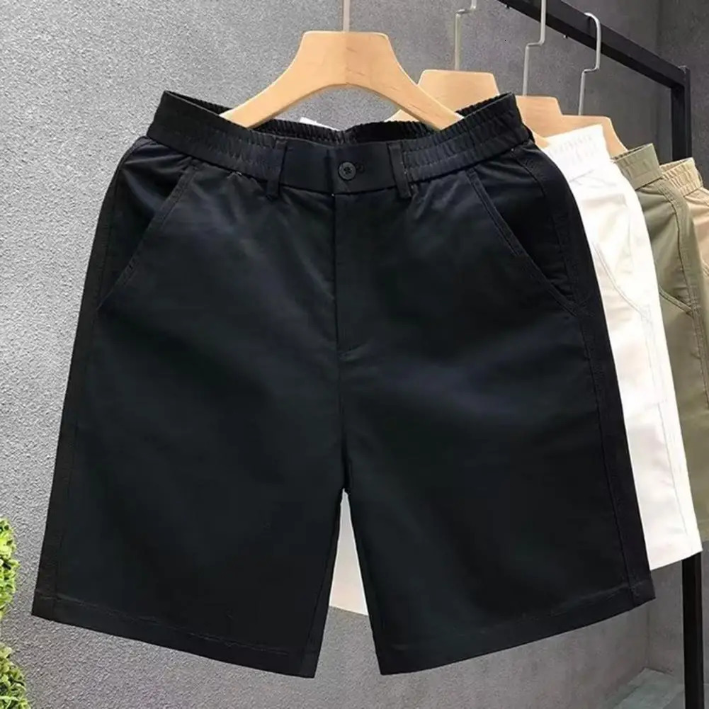 Men Elastic Waist Shorts Mens Summer Casual Shorts Mid-rise Elastic Waistband Beach Shorts Solid Color Straight Wide Leg Loose 250527