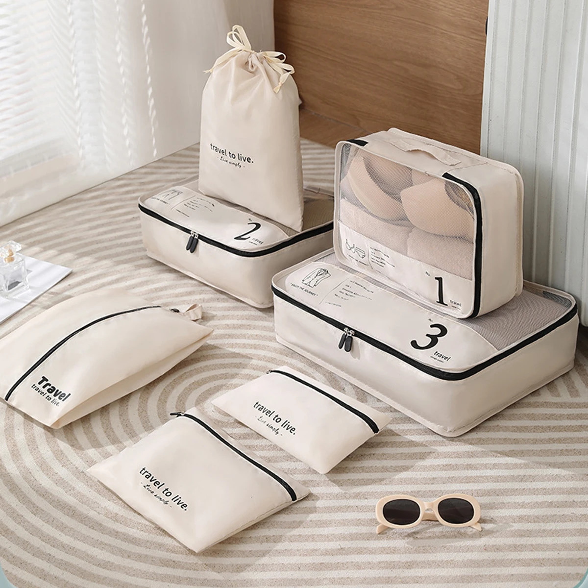 7 Pcs Minimalist Simple Letters Pattern Packaging Cubes Lightweight Versatile Luggage Bag Set 250526