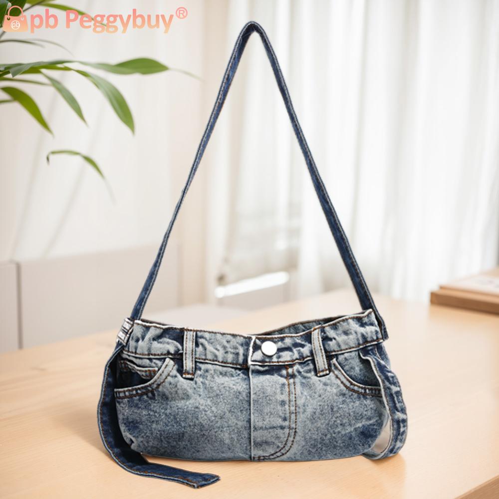 Denim Shoulder Bag with Zipper Women Handbag Vintage Clutch Purse Hobo Bag for Work Travel
