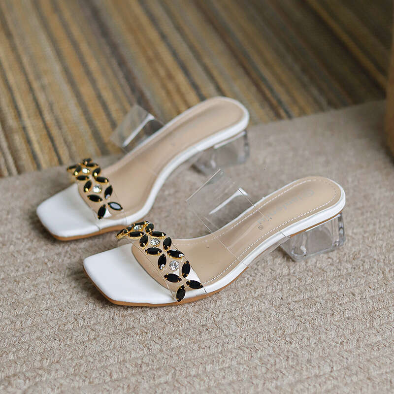 Women's Sandals 2025 Summer New Trendy Outdoor Transparent Rhinestone Elegant Fairy One-Strap High Chunky Heels