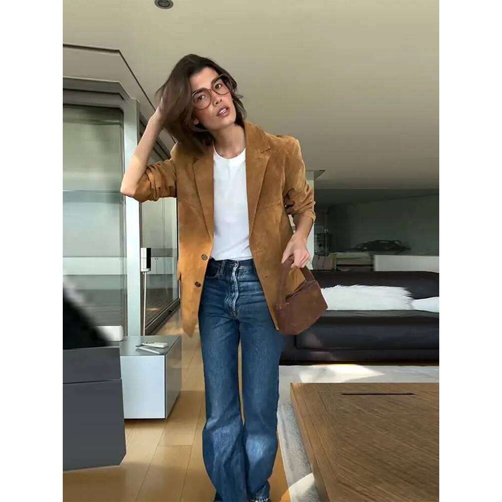 Vintage Suede Women Bomber Jackets Solid Laple Single Breasted Pockets Full Sleeve Female Jacket 2025 Spring Lady Streetwears