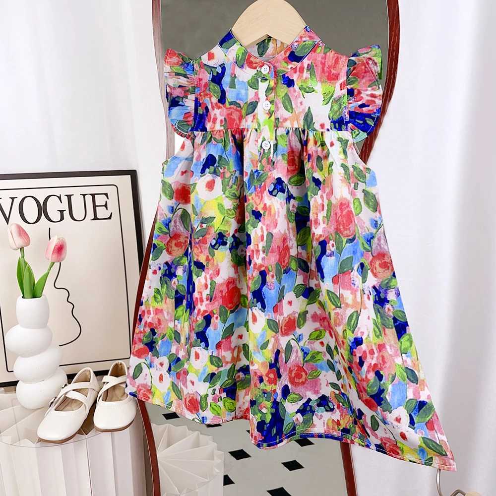 Girls Dress 2024 Summer New Girls Round Neck Flower Print Flying Sleeve Dress Fashion Childrens Print Dress X250528