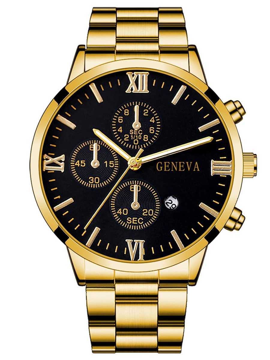4pcs gold alloy Roman with calendar mens quartz watch and cross necklace bracelet ring set selected gift XJ250527