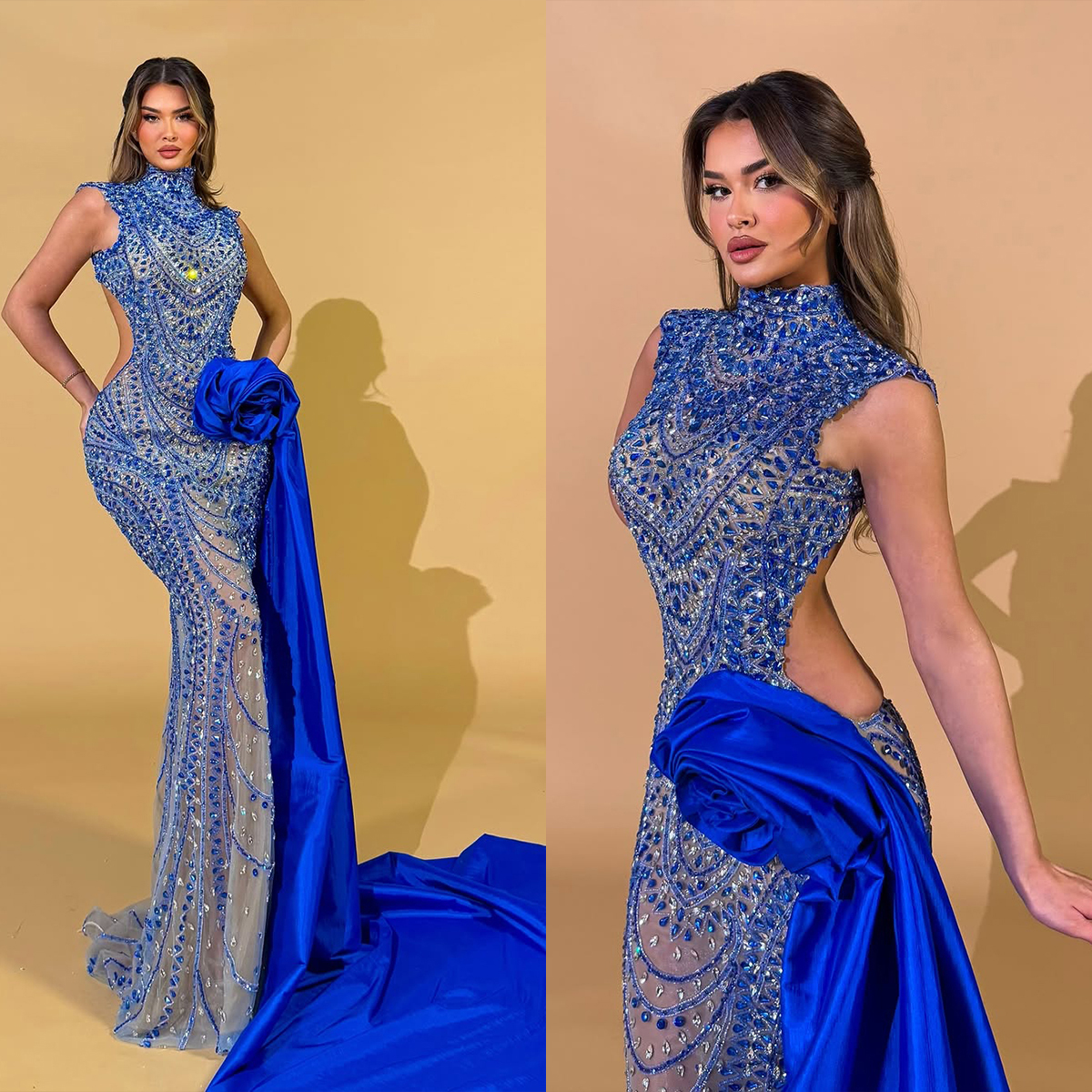 Stylish Evening Dresses Crystal Beading Prom Dress High Neck Sleeveless Cutaway Sides Illusion Rhinestone Mermaid Party Gown Vestidos De Noche