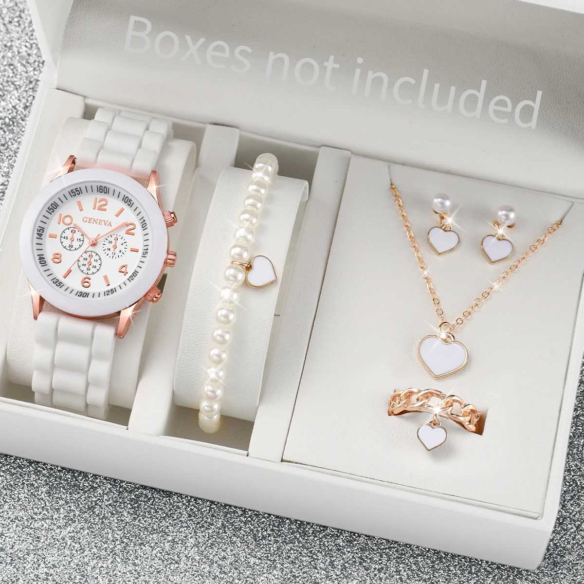 3/6PCS Womens Watches Casual Silicone Band Analog Quartz Watch Heart Pearls Jewelry Set(Without Box) XJ250527