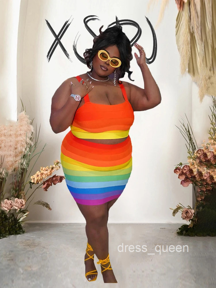 Two Piece Set for Women Summer Strap Crop Top Y2k Skirt Set Rainbow Print Striped Fashion Suits Plus Size Wholesale Dropshipping