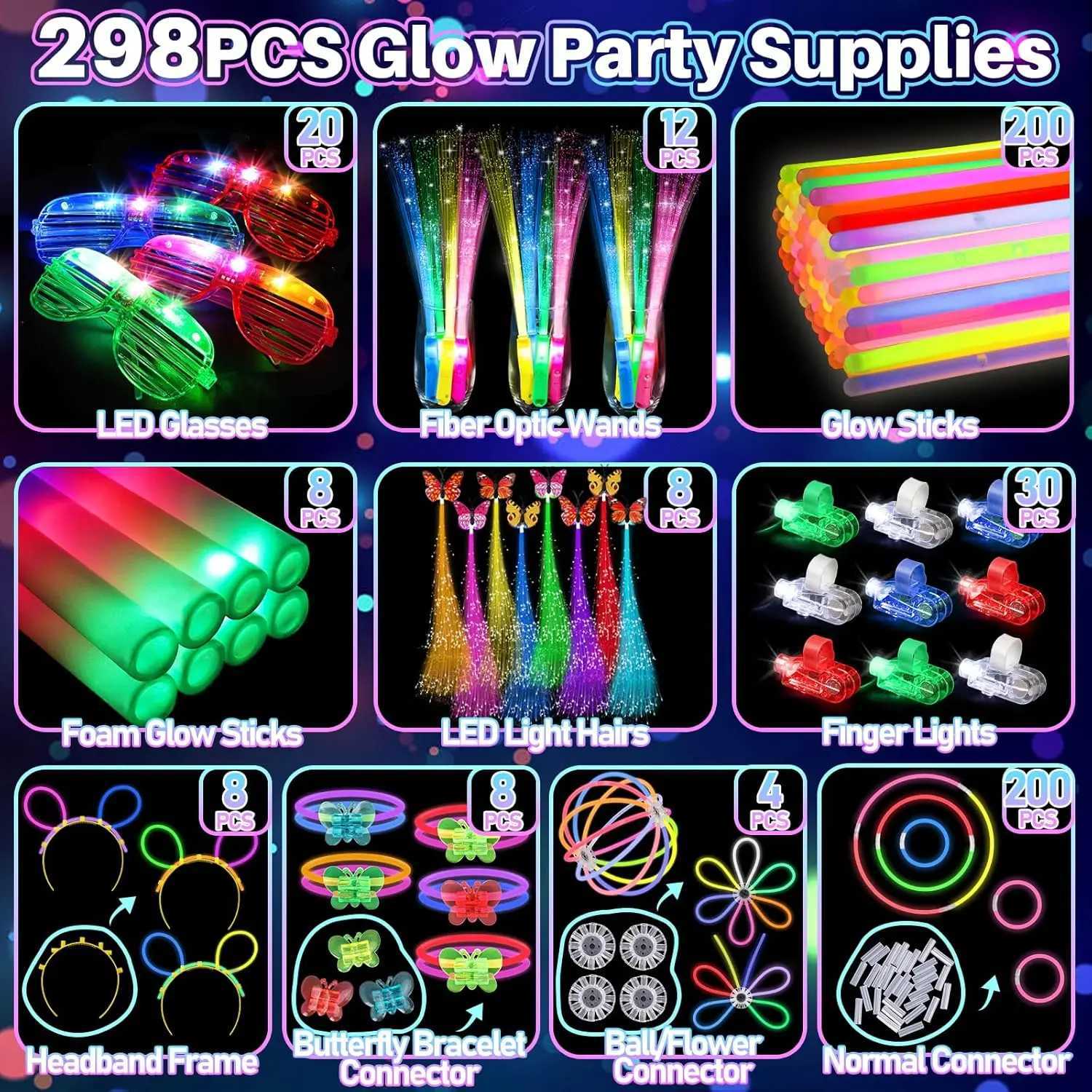 298-Pack LED Party Supplies 12 Fiber Wands 20 LED Glasses 8 Foam Sticks 200 Glow Bracelets for Wedding Birthday W250528