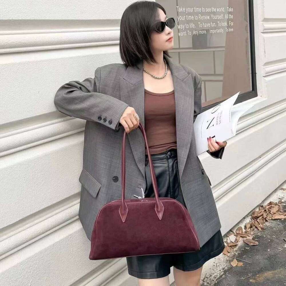 Suede Large Capacity Boston Underarm Ladies Women Fashion Commuter Bowling Frosted Shoulder Bag Coffe Brown
