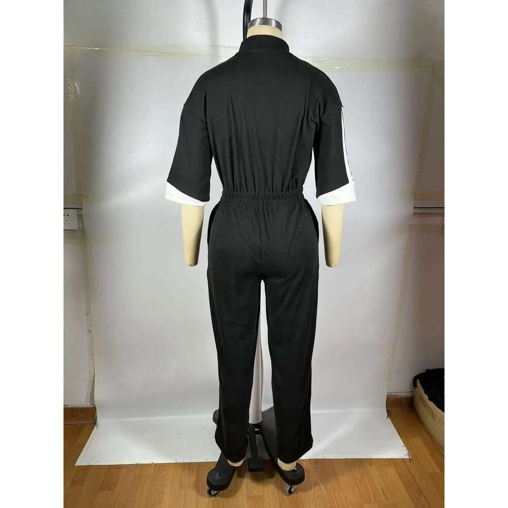 Women Half Sleeve High Waist Straight Wide Leg Jumpsuits Striped Cargo Active Holiday Night Party One Piece Suit Romper