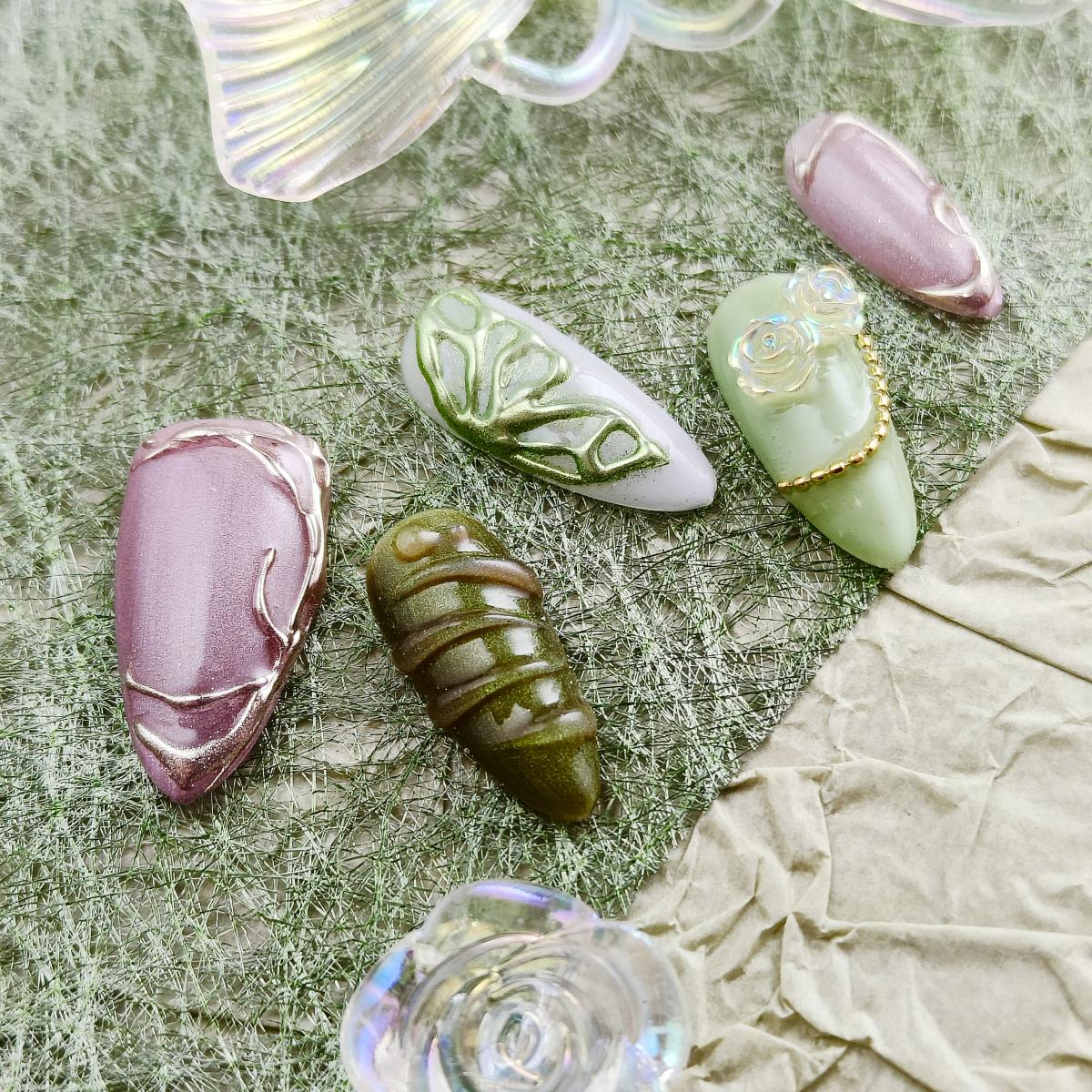 10pcs 3D Handrawn Handmade Press-on nails Medium Almond Nails Fake nails Bundle 3D Flwoers Butterfly Finished nail stickers Free storage box jelly glu