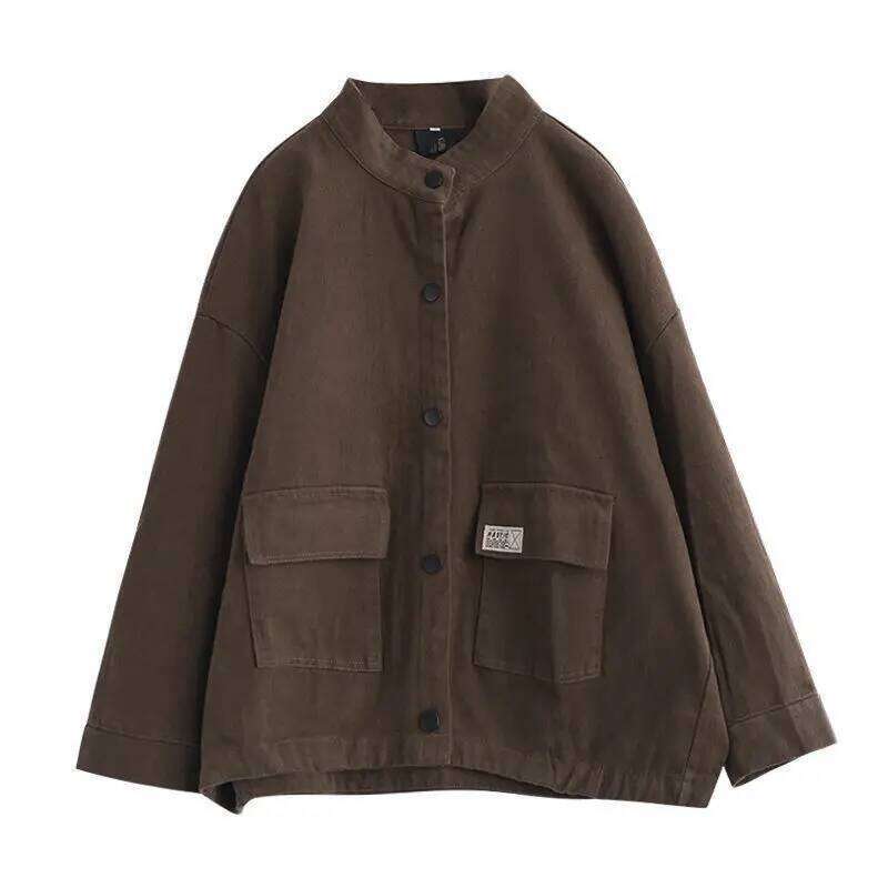 New Arrival Spring/autumn Women Loose Casual Long Sleeve O-neck Outerwear & Coats Pocket Patchwork Single Breasted Jackets W778