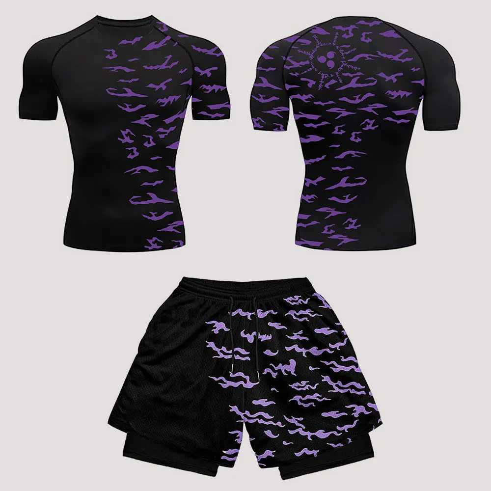 Mens Tracksuit Two Pieces Sets Anime Print Sport Suit Joggers T Shirt+shorts Mens breathable Casual Sportswear X250528