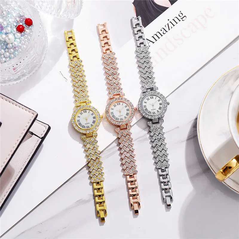 2PCS/Set Womens Watch Fashion Rhinestone Roma Dial Quartz Watches Stainless Steel Band Wrist Watch Bracelet Set XJ250527