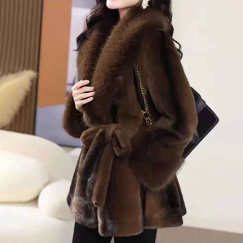 Imitation Mink Veet Jacket Women's Overcoat Winter 2024 New Fashion Loose Belt Medium Long Thick Warm Fur Coat Outwear