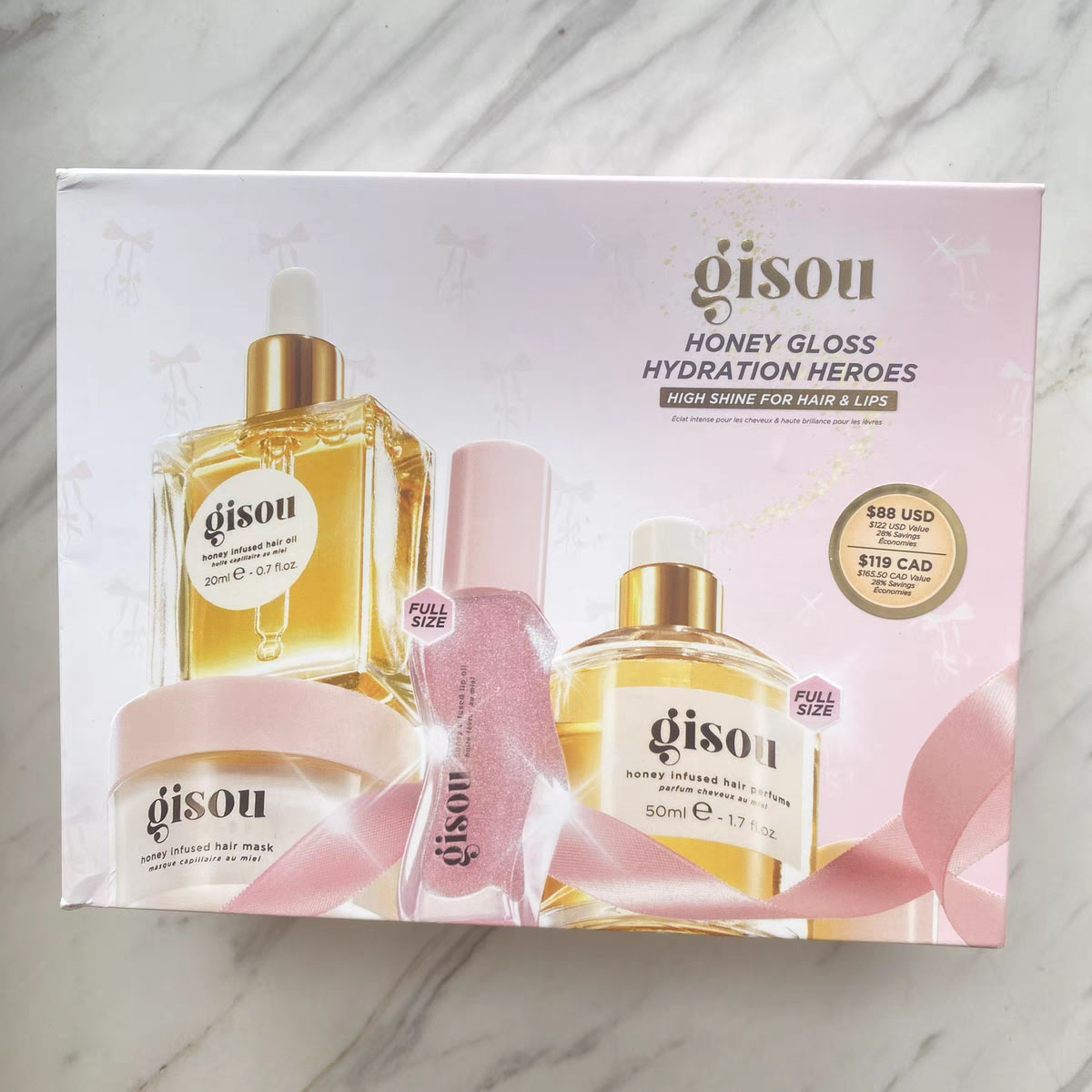 Gisou Set 4 in 1 Perfuge de cheveux infusé au miel 50 ml Huile capillaire 20 ml Masque capillaire 75 ml Huile à lèvres 8 ml Care Shine Bondage Hu