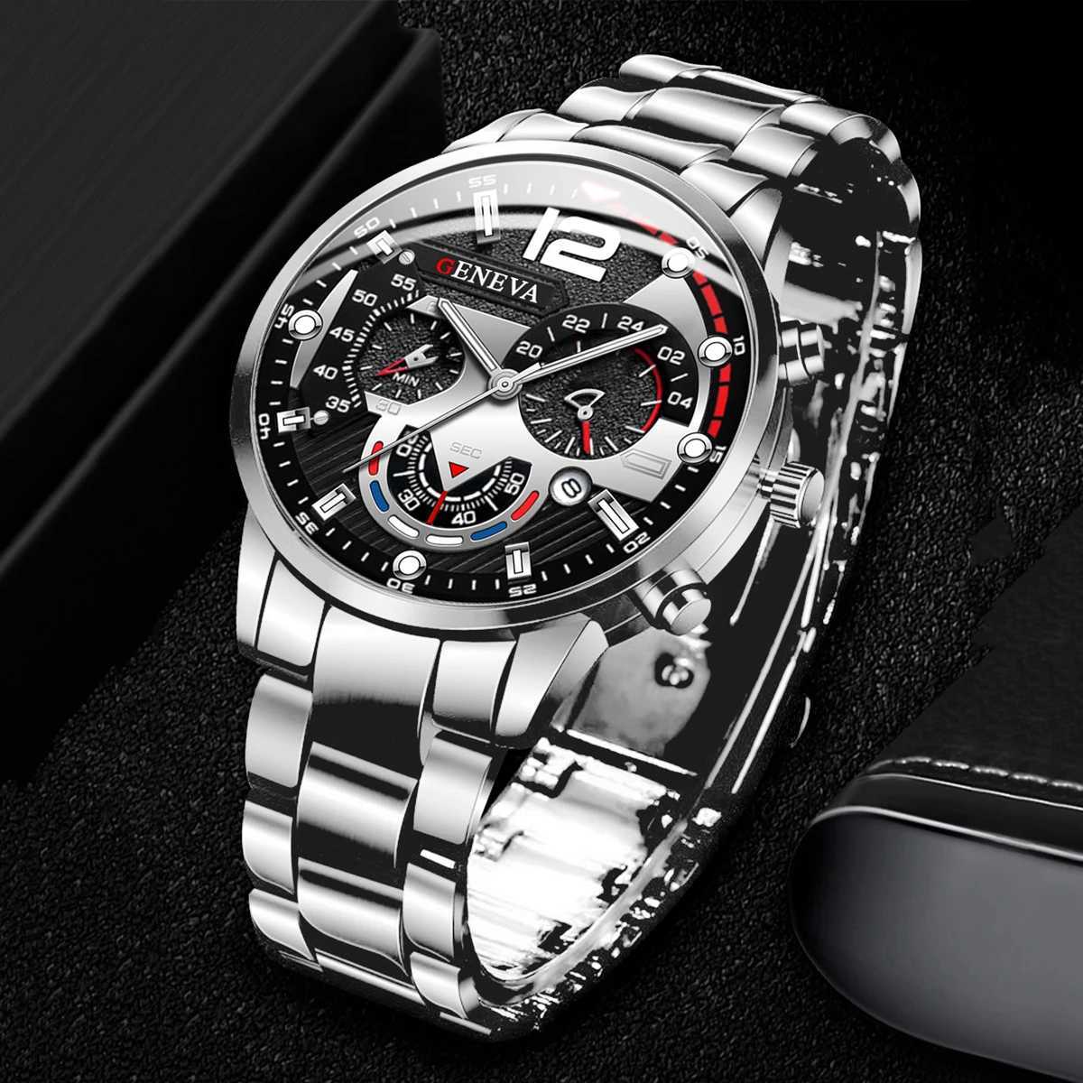 3PCS/Set Fashion Mens Watches Stainless Steel Band Analog Quartz Watch Calendar Watches Jewelry SetWithout Box XJ250527